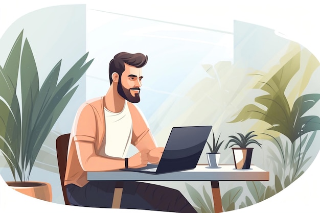 Vector flat illustration of a man working from home businessman sitting at desk and using laptop