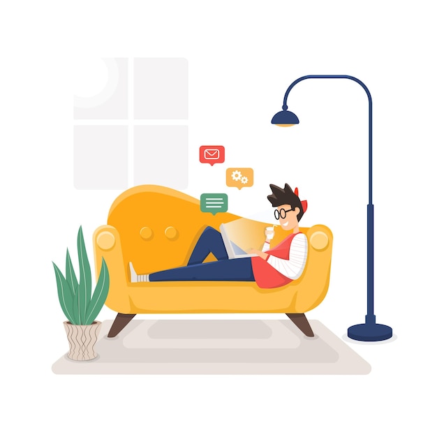 Flat illustration of a man working from home relaxing on the sofa