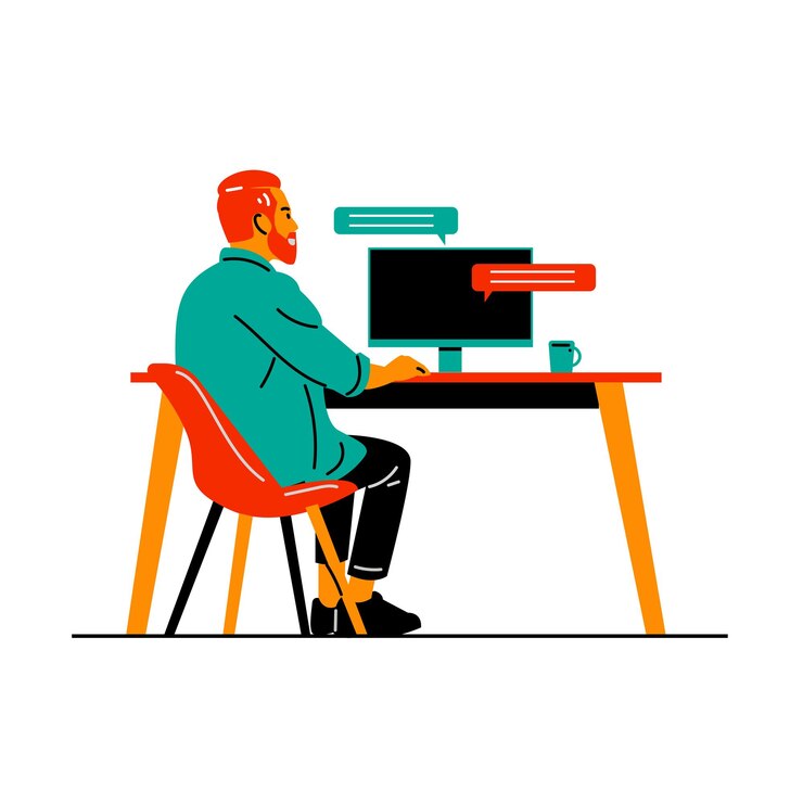 Vector flat illustration men working on computer isolated
