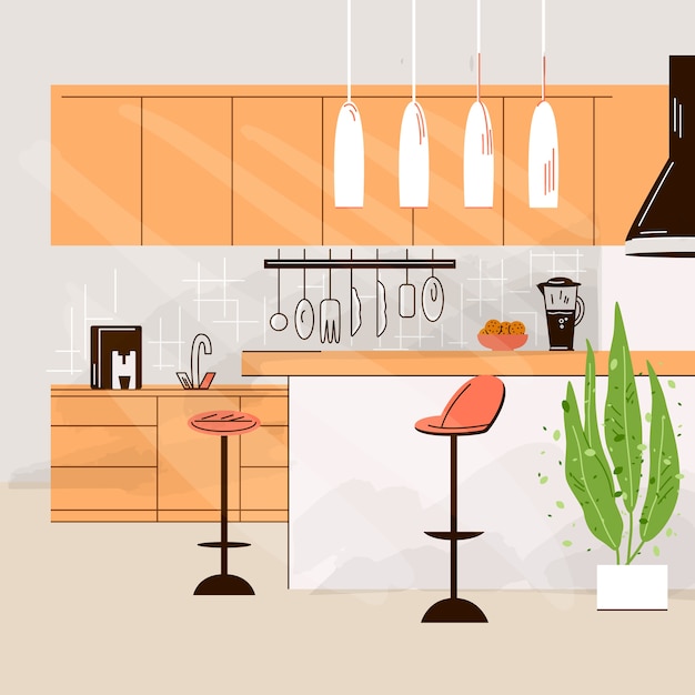 キッチン家具、テーブル、椅子、調理台を備えたモダンなキッチンインテリアのフラットなイラスト。