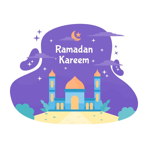 A flat illustration of a mosque with a moon and stars.