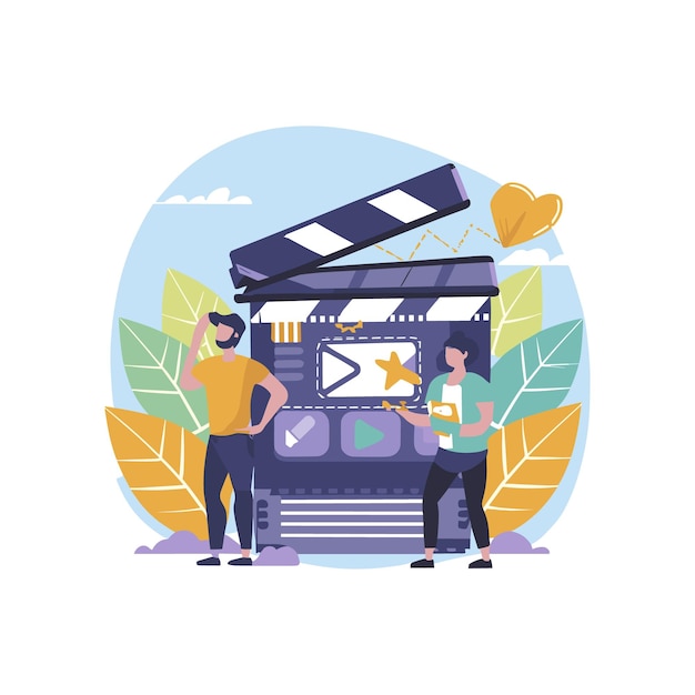Vector flat illustration of movie production and editing creative team of professionals collaboration