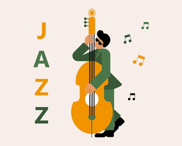 더블 베이스 노트와 텍스트 Jazz 녹색 및 노란색 트렌디한 디자인이 있는 플랫 일러스트레이션 음악가