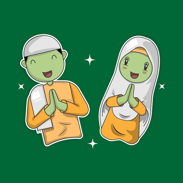 Flat illustration Muslim and muslimah celebrating eid alfitr