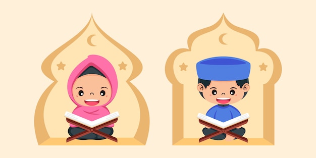 Flat illustration muslim reading quran ramadan kareem