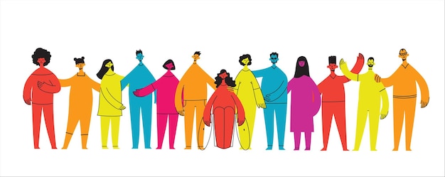 Вектор Плоская иллюстрация группы, состоящей из инклюзивных и разнообразных людей вместе без какой-либо разницы