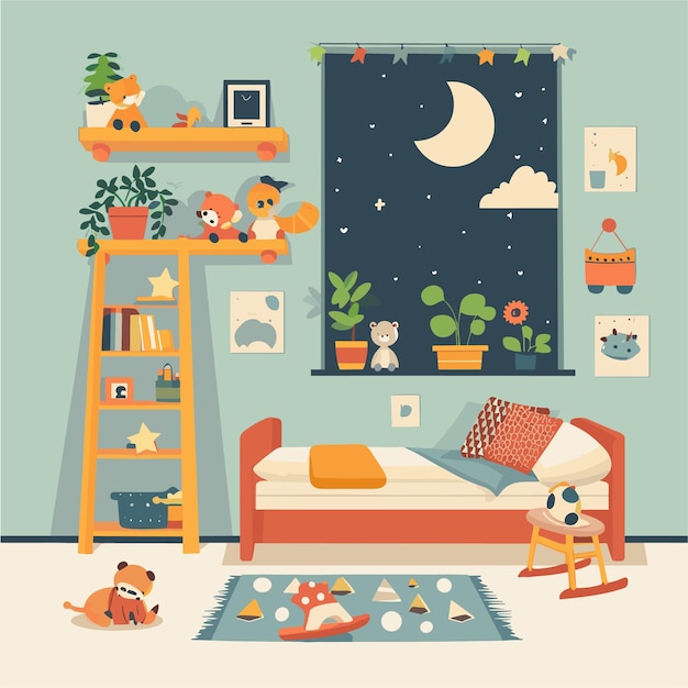 Вектор Плоская иллюстрация уютной комнаты малыша интерьер синей детской комнаты высокое разрешение
