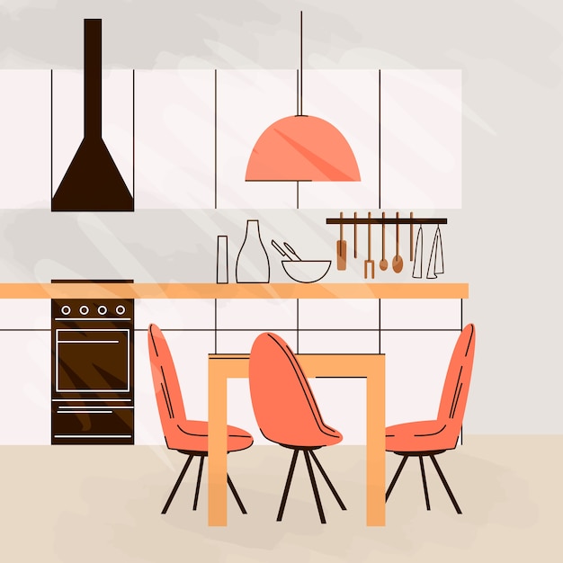 キッチン家具、テーブル、椅子、調理台を備えたモダンなキッチンインテリアのフラットなイラスト。