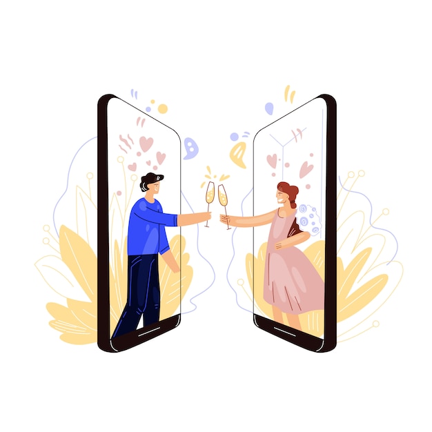 Flat illustration of online dating industry. happy man and woman, clink glasses of wine or champagne, having romantic remote evening and date. virtual love and date concept.