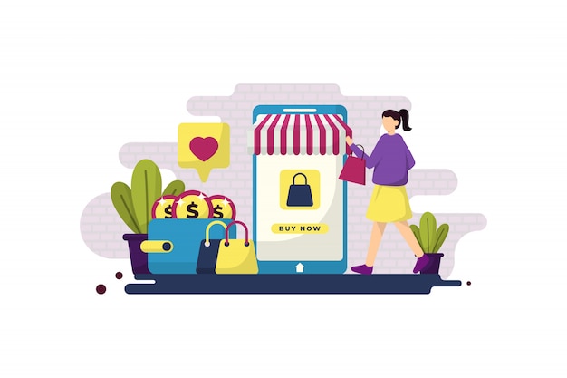 Flat illustration of online shopping with girl