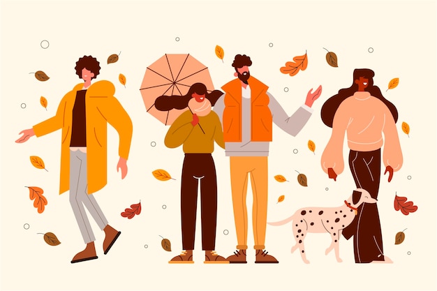 가을의 평면 그림 사람들