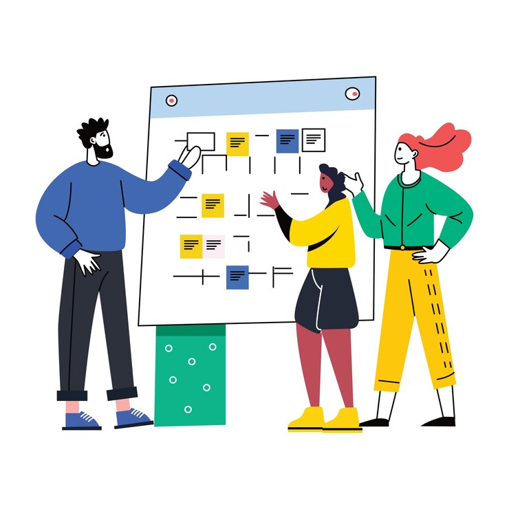 Vector a flat illustration of people discussing project timeline