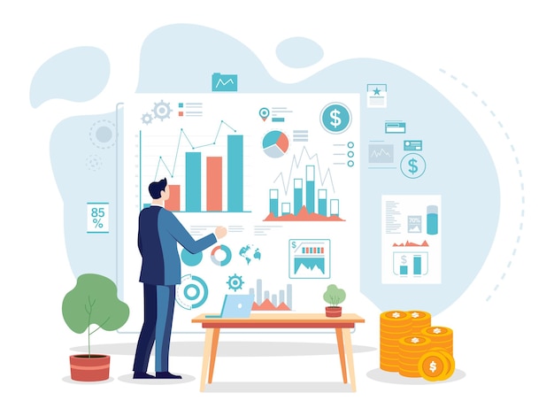 Vector flat illustration of people doing business data research and analysis information chart for business