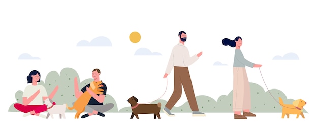 Vector flat illustration people with pets in park