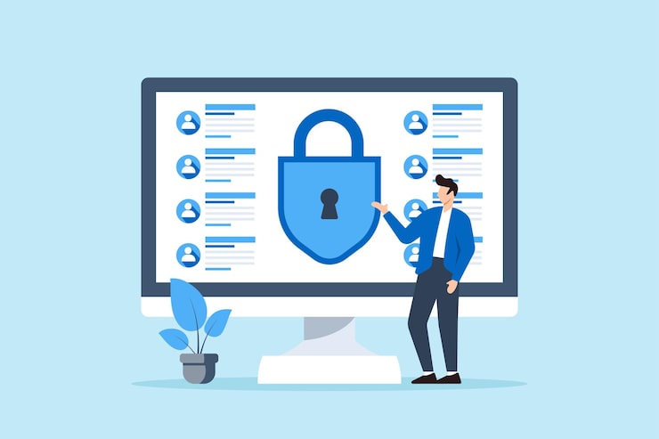 Vector 고급 사이버 보안 알고리즘을 사용하여 데이터 유출을 방지하면서 데이터 스트림의 큰 화면을 모니터링하는 사람의 평평한 일러스트레이션