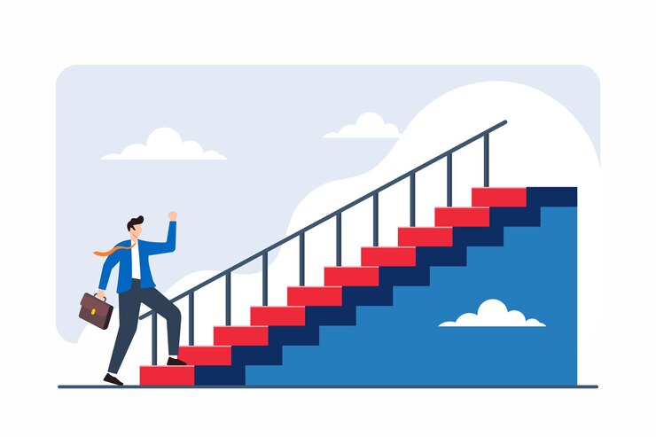 Vector flat illustration of person setting foot on staircase each step different career growth opportunity