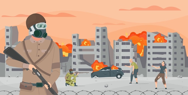 Vector flat illustration of post-apocalyptic city in fire with armored person on foreground vector illustration