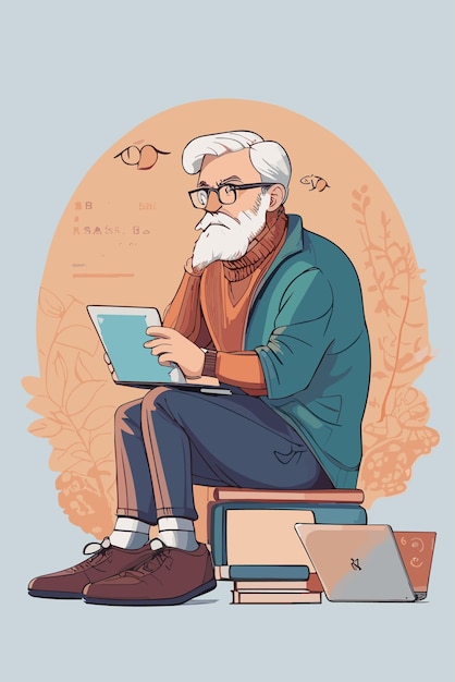 A flat illustration of professor bring laptop for the work