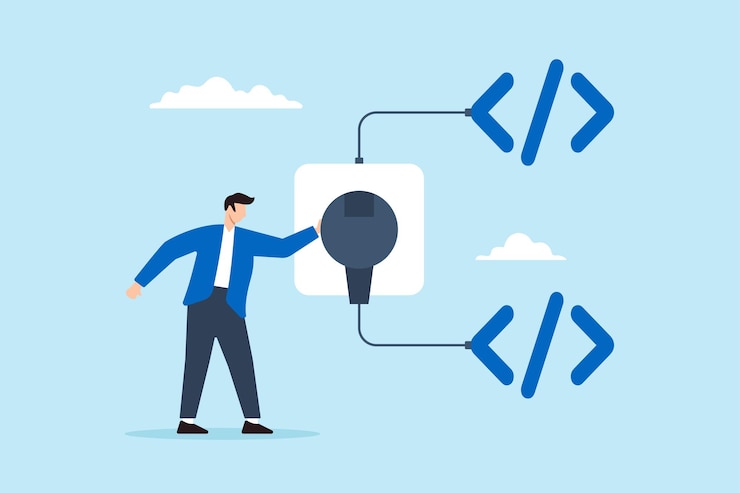 Vector flat illustration of programmer connects socket between coding programs illustrating api for software development