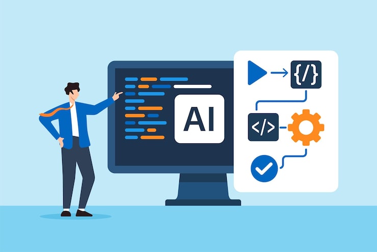 Vector flat illustration of prompt engineer using ai tools to write code develop software and automate workflow for modern programming innovation