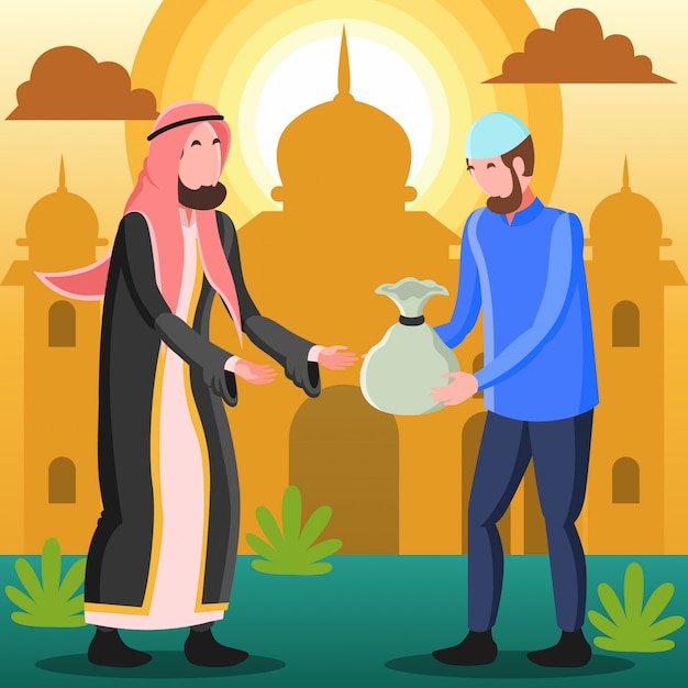 Illustrazione piana che rappresenta un uomo arabo musulmano che dà l'elemosina o zakat all'uomo bisognoso il giorno di eid mubarak