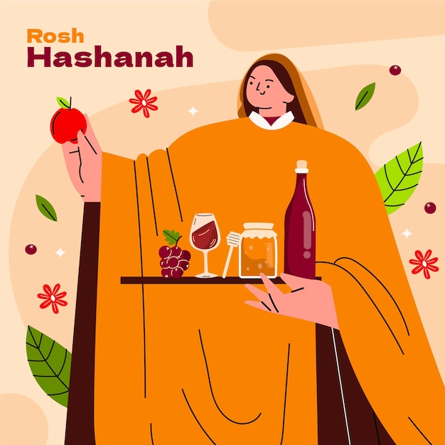 Rosh Hashanah 유대인 새해 축하를 위한 평면 그림