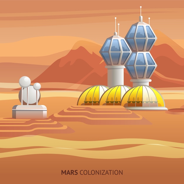 Vector flat illustration scientific base on surface mars