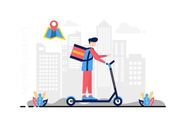 Flat illustration scooter man with city background