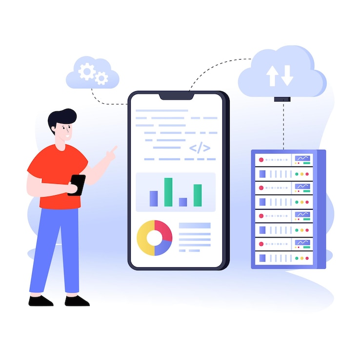 वेक्टर flat illustration of server management two characters with servers