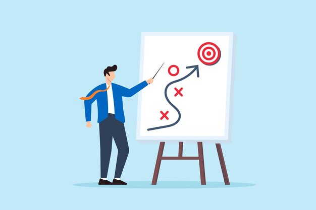 Flat illustration of smart businessman presenting business strategy on whiteboard marketing tactics project planning achieve target success winning