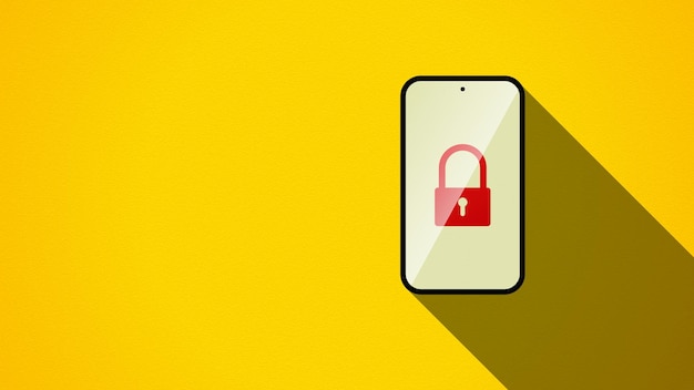 Плоская иллюстрация смартфона с символом замка на желтом фоне Концепция цифровых систем безопасности защиты данных и конфиденциальности