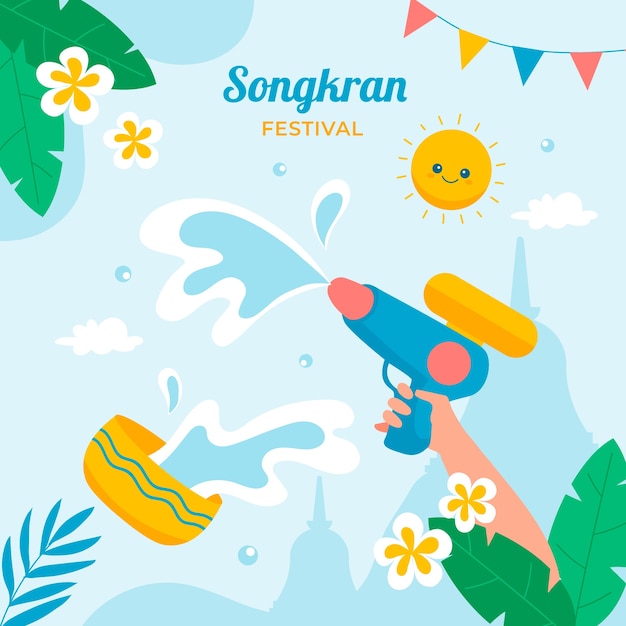송크란 물 축제 축하를 위한 평면 그림