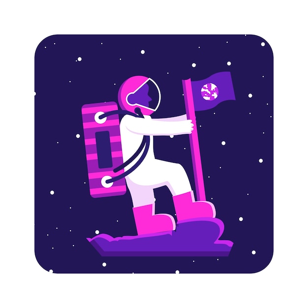 Flat illustration space, moon, astronaut, purple glitter