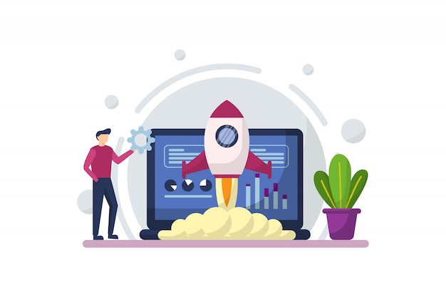 flat illustration of start up with rocket launch concept, building creativity and innovation