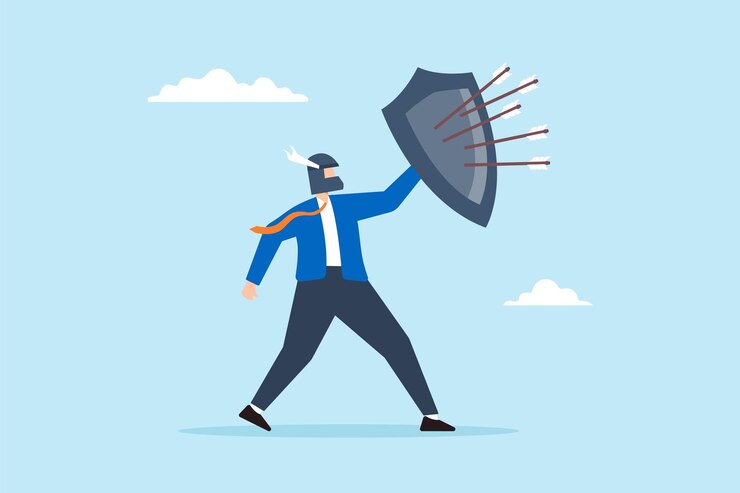 Vector flat illustration of strong businessman with armor and shield defend against incoming bow arrow protection from threat