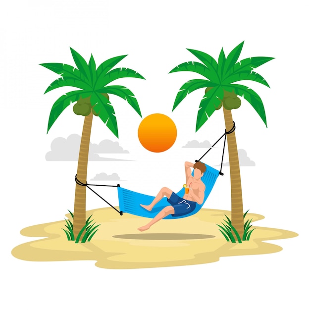 Vector flat illustration summer holiday with beach and palm trees, enjoy the drink on the swing under the sunlight