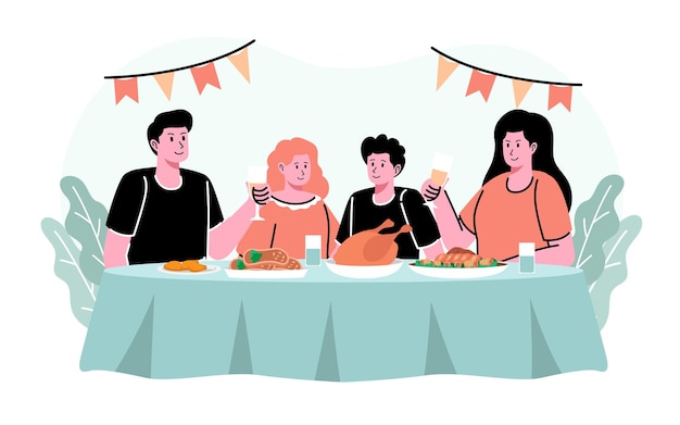 Flat illustration for thanksgiving celebration with people having food and drinks