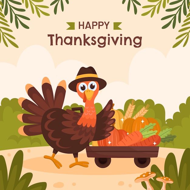 Vector flat illustration for thanksgiving celebration with turkey and harvest