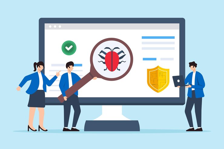 Vector flat illustration of three people analyzing computer for malware detection with antivirus software