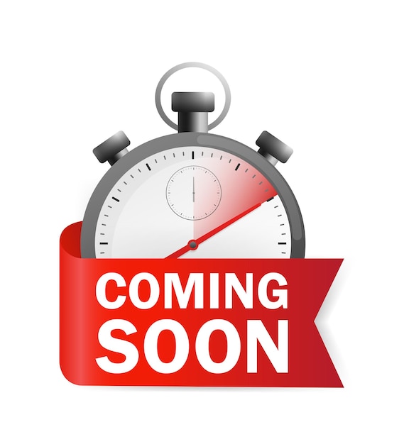 Flat illustration of timer with ribbon on white backdrop icon for promotion design coming soon