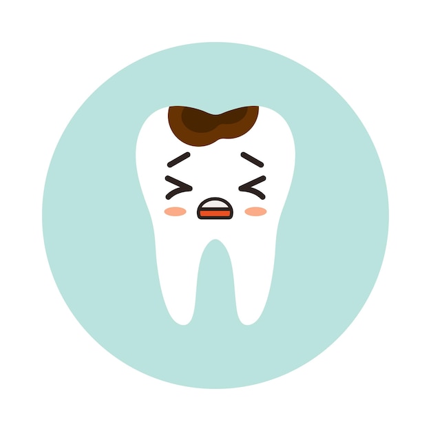 Flat illustration of a tooth with kawaii dental caries