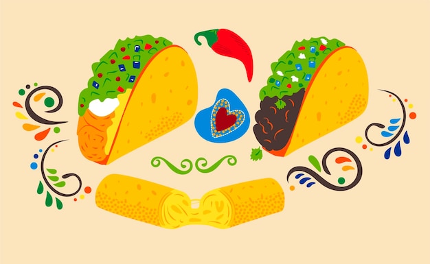 Плоская иллюстрация традиционных мексиканских тако и закусок