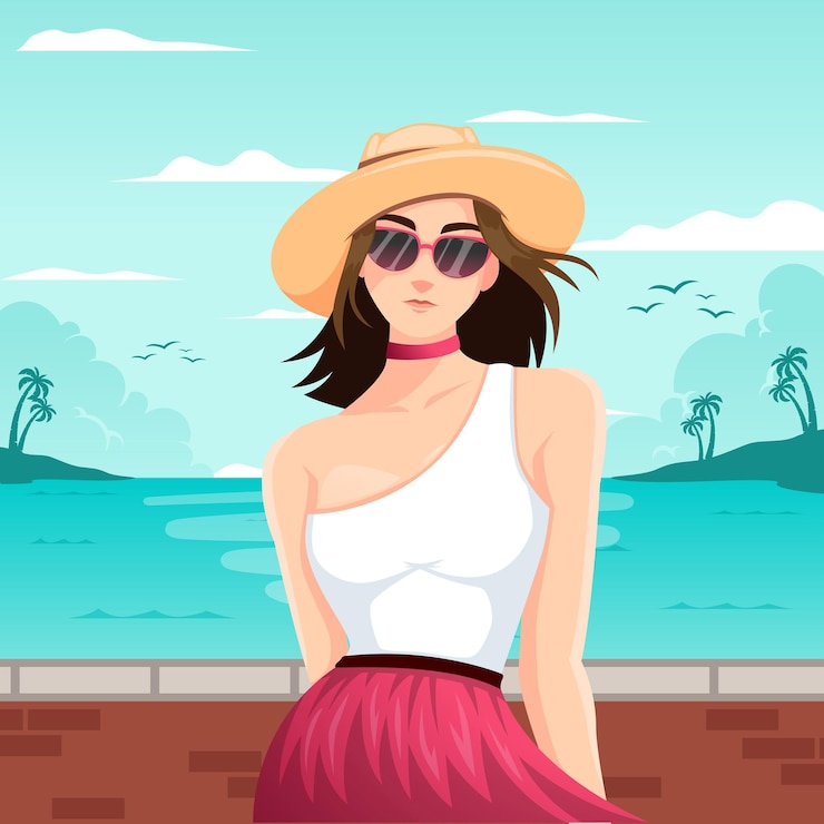 वेक्टर flat illustration of a trendy girl wears casual outfit in the beach