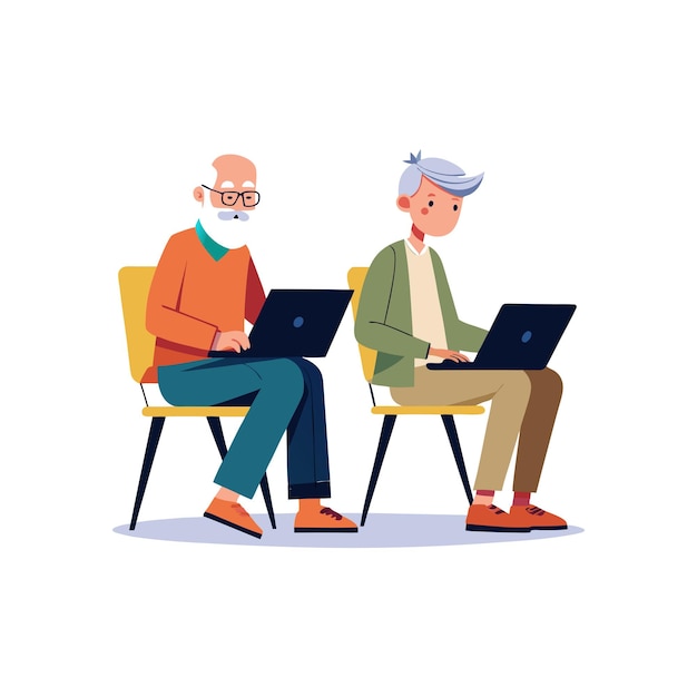 a flat illustration of two old men sitting in a chair working on a laptop
