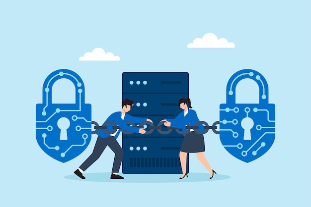 Flat illustration of two people locking digital padlocks with circuit chains around server for encrypted cybersecurity protection