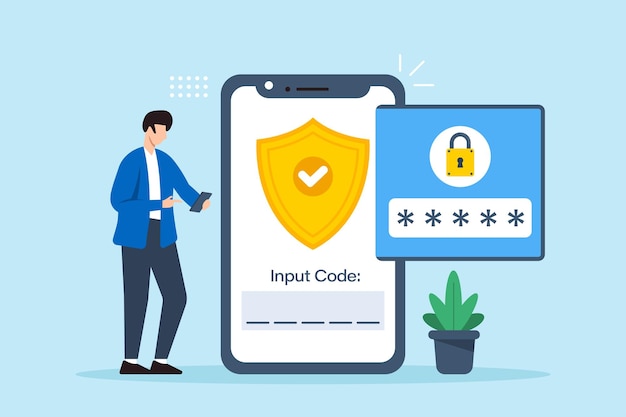 Flat illustration of user activating twofactor authentication on smartphone with verification code input