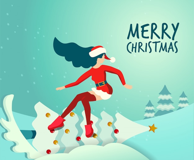 Flat illustration in vector slender girl in traditional suit of santa claus