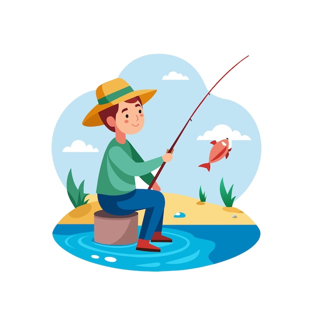 Flat Illustration Vector Of Someone Fishing
