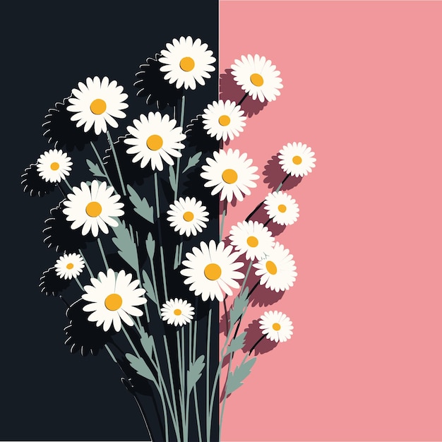 Vector flat illustration wallpaper of daisies on pink black background