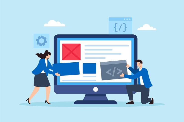 Vector flat illustration of web designer and developer team collaborating to build responsive website layout and user interface in development process